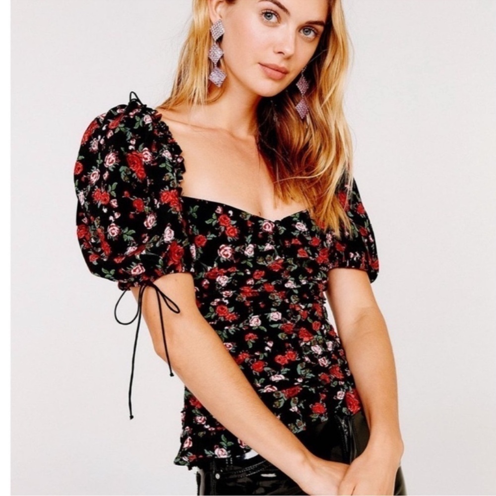 For Love And Lemons Tainted Button Front Top Ditsy Rose Floral Black Red XS